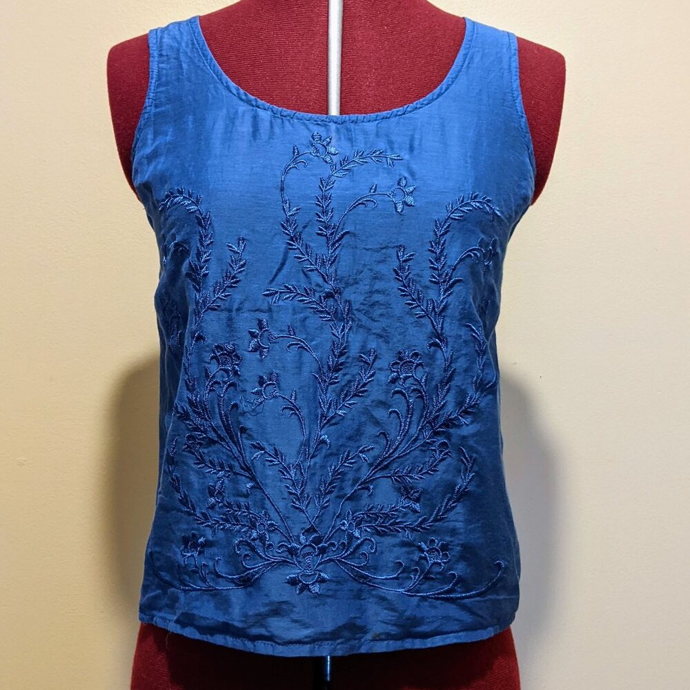 Lucca Couture Blue Silky Embroidered Boho Blue Sleeveless Tank Top – Size XS